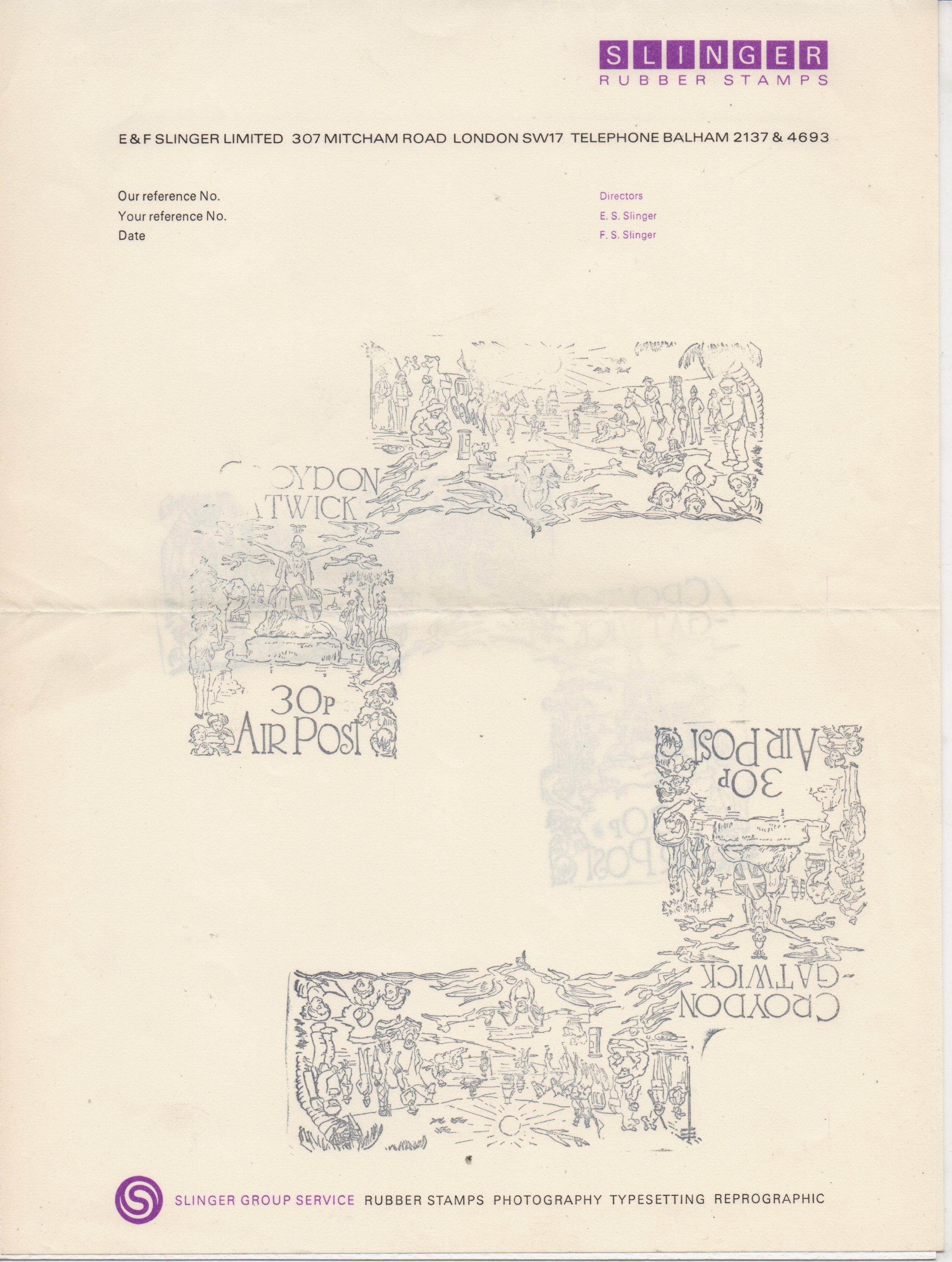 1971 Croydon Gatwick Strike Post Postal Stationery in the Mulready tradition - Printers' Proof by E&F Slinger of London SW17